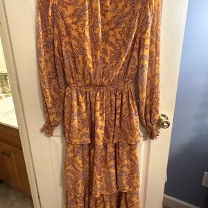 Tiered Paisley Long Sleeve Maxi Dress - Mustard